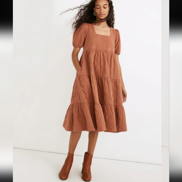 Madewell Dresses & Skirts - Madewell Quilted Aidy Square-Neck Puffed Sleeve Tiered Midi Dress Warm Umber